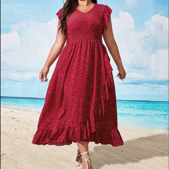 Boho Plus Size Polka Dots Butterfly Sleeve Maxi Dress - Picture 5 of 7